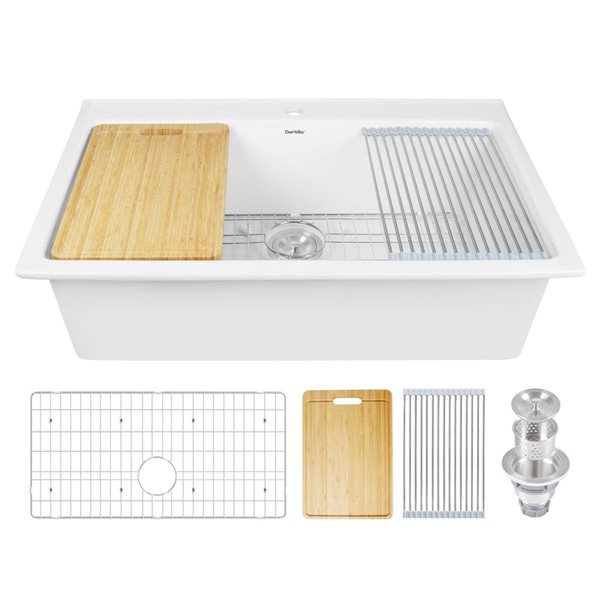 DeerValley 36-in L Fireclay Single Bowl Drop-In Workstation Kitchen Sink with Cutting Board and Drying Rack - White
