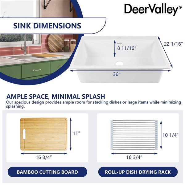 DeerValley 36-in L Fireclay Single Bowl Drop-In Workstation Kitchen Sink with Cutting Board and Drying Rack - White