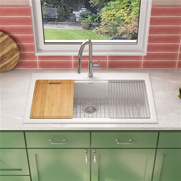 DeerValley 36-in L Fireclay Single Bowl Drop-In Workstation Kitchen Sink with Cutting Board and Drying Rack - White