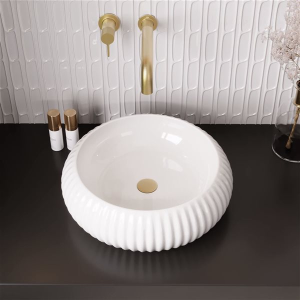 DeerValley 15.75-in Round Modern White Ceramic Fluted Bathroom Vessel Sink