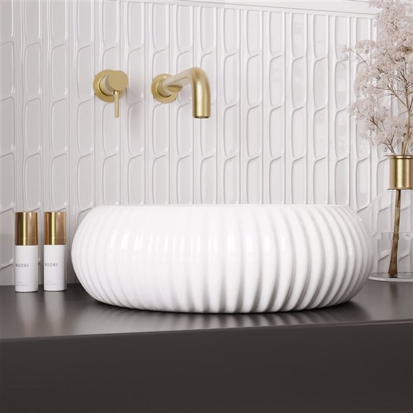 DeerValley 15.75-in Round Modern White Ceramic Fluted Bathroom Vessel Sink