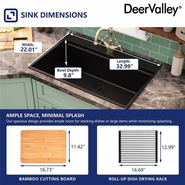 DeerValley 33-in L Quartz Composite Single Bowl Drop-In Workstation Kitchen Sink with Accessories - Black