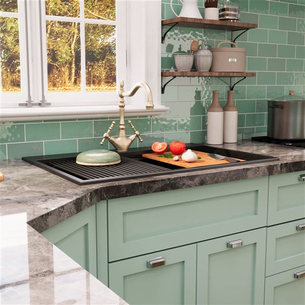 DeerValley 33-in L Quartz Composite Single Bowl Drop-In Workstation Kitchen Sink with Accessories - Black