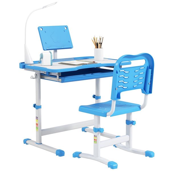 Qaba Kids' Desk and Chair Set w/ Adjustable Height + Tiltable Desktop ...