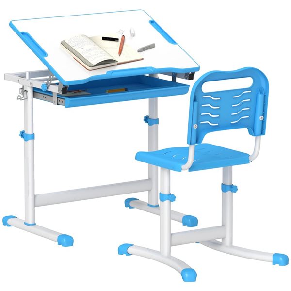 Qaba Kids' Desk and Chair Set w/ Adjustable Height + Tiltable Desktop - Blue