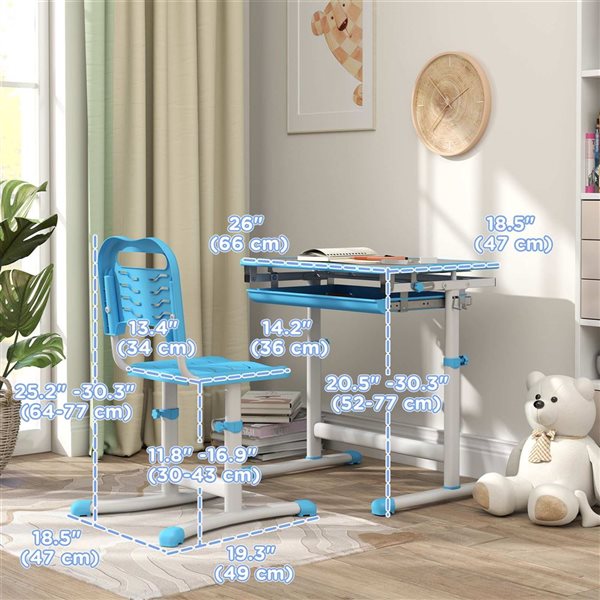 Qaba Kids' Desk and Chair Set w/ Adjustable Height + Tiltable Desktop - Blue