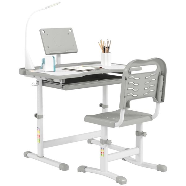 Qaba Kids' Desk and Chair Set w/ Adjustable Height + Tiltable Desktop ...