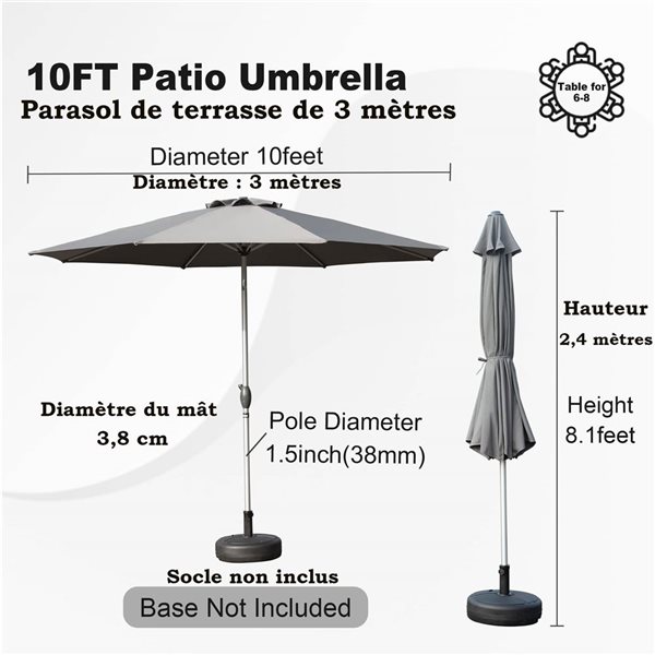 Mondawe 10-ft Aluminum Patio Umbrella w/ Push Button Tilt and Crank - Grey