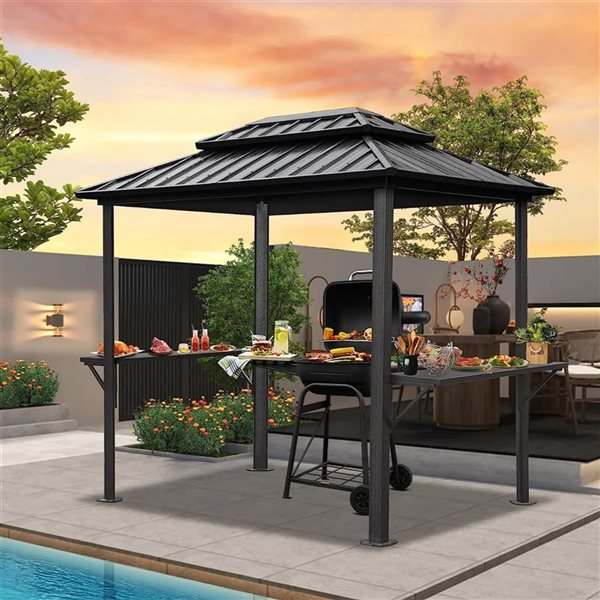 Mondawe 6 x 8-ft BBQ Metal Gazebo w/ Side Shelves - Grey
