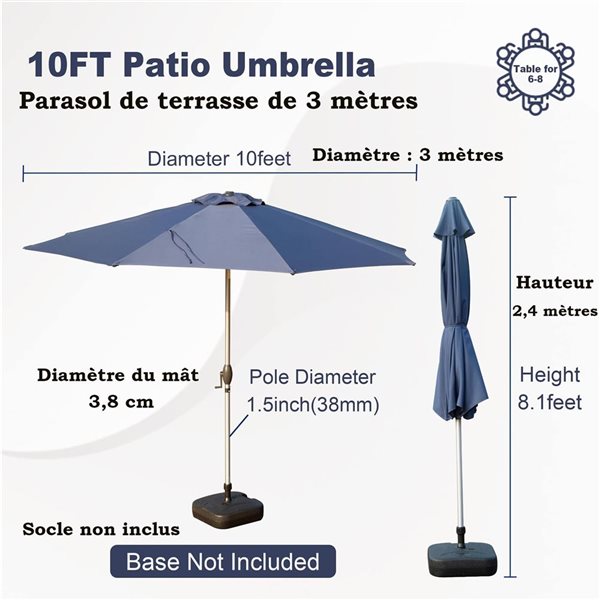 Mondawe 10-ft Aluminum Patio Umbrella w/ Push Button Tilt and Crank - Blue