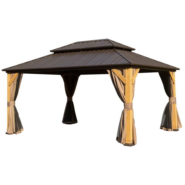 Mondawe 10 x 14-ft Patio Gazebo w/ Galvanized Steel Double Roof and Cedar Wood Frame - Brown