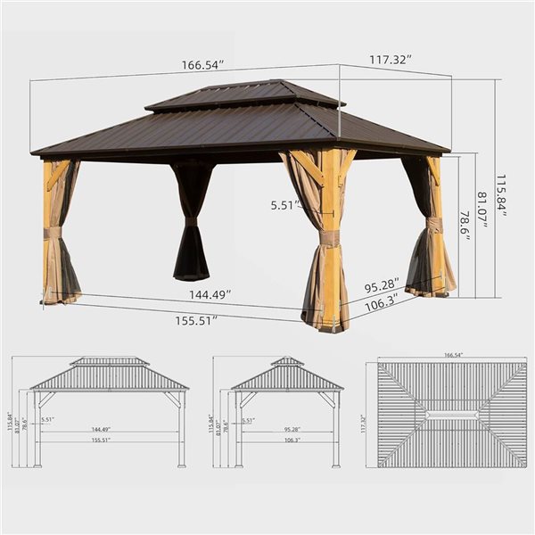 Mondawe 10 x 14-ft Patio Gazebo w/ Galvanized Steel Double Roof and Cedar Wood Frame - Brown