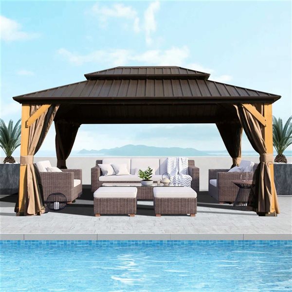 Mondawe 10 x 14-ft Patio Gazebo w/ Galvanized Steel Double Roof and Cedar Wood Frame - Brown
