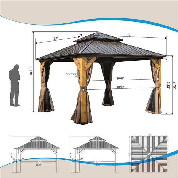 Mondawe 12 x 12-ft Metal Gazebo w/ Cedar Wood Frame - Brown