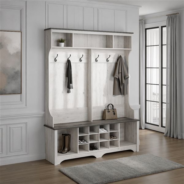Prepac Farmhouse 60-in Hall Tree w/ 12 Shoe Cubbies + 2 Boot Cubbies and 6 Double Coat Hooks - Washed White