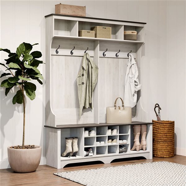Prepac Farmhouse 60-in Hall Tree w/ 12 Shoe Cubbies + 2 Boot Cubbies and 6 Double Coat Hooks - Washed White