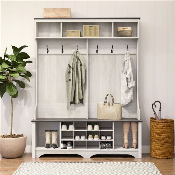 Prepac Farmhouse 60-in Hall Tree w/ 12 Shoe Cubbies + 2 Boot Cubbies and 6 Double Coat Hooks - Washed White