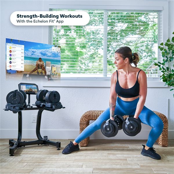 Echelon Adjustable Dumbbells Set 7–52.5 lbs with Stand, Quick Weight Adjustment, Space-Saving Design