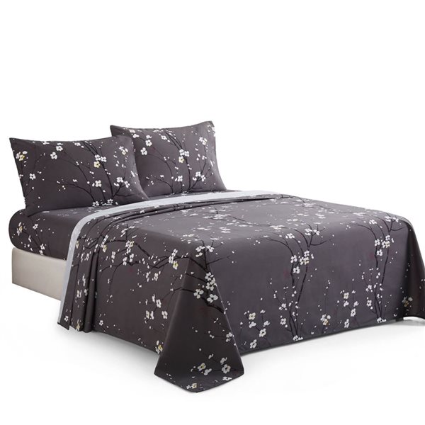 Marina Decoration Queen Size Plum Blossom Floral Grey Cotton Blend Printed Sheet