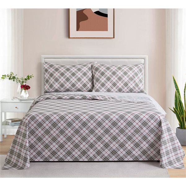 Marina Decoration King Size Grey White Tartan Pattern Cotton Blend Printed Sheet