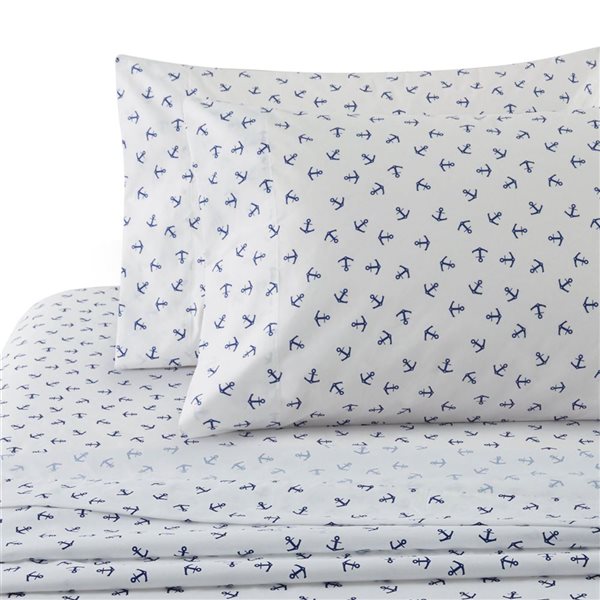 Marina Decoration Queen Size Blue Nautical Anchor Cotton Blend Printed Sheet