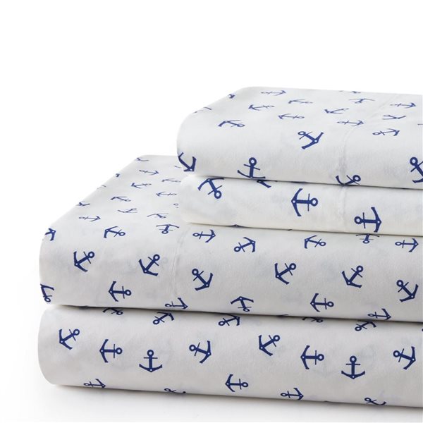 Marina Decoration Queen Size Blue Nautical Anchor Cotton Blend Printed Sheet