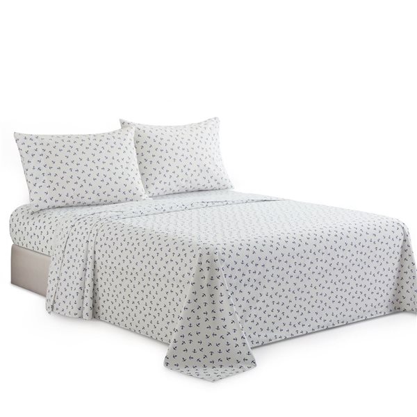 Marina Decoration Queen Size Blue Nautical Anchor Cotton Blend Printed Sheet
