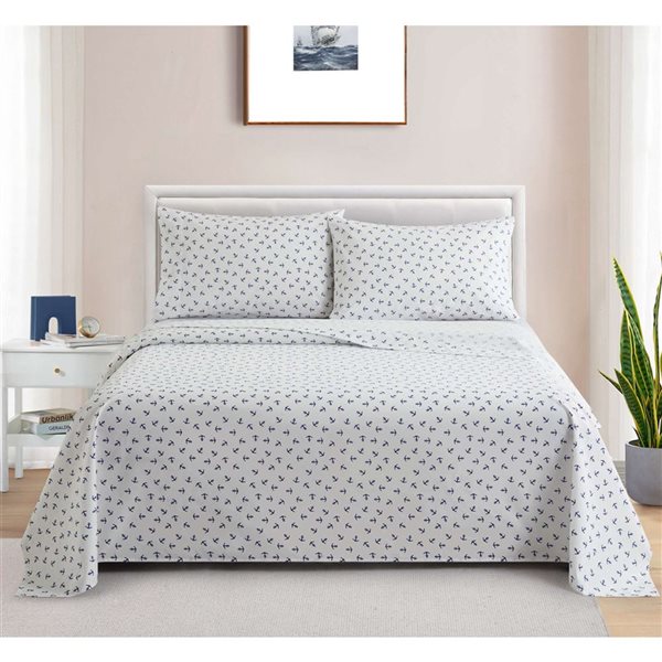 Marina Decoration Queen Size Blue Nautical Anchor Cotton Blend Printed Sheet