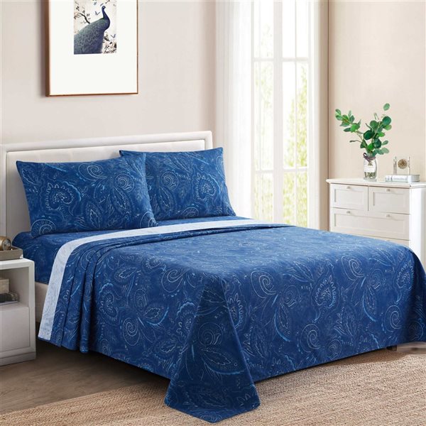 Marina Decoration Double/Full Size Navy Blue Paisley Cotton Blend Printed Sheet
