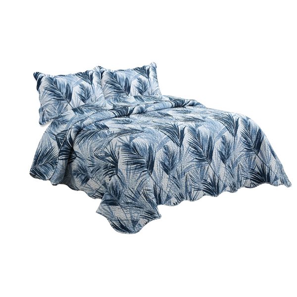 Marina Decoration King Size Modern Blue Leaves Polyester Embossed Coverlet Printed Quilt Set with Sham