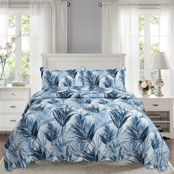 Marina Decoration King Size Modern Blue Leaves Polyester Embossed Coverlet Printed Quilt Set with Sham