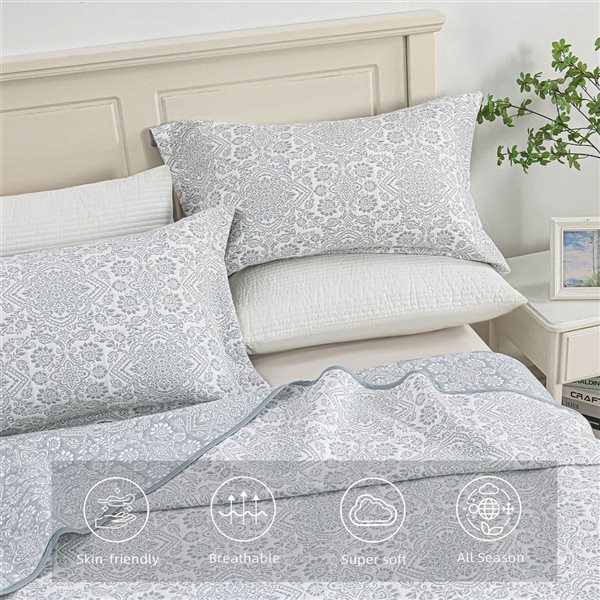 Marina Decoration Twin/Single Size Blue Floral Jacquard Embroidered Coverlet Quilt Set with Sham