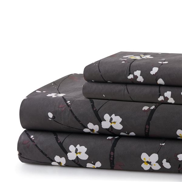 Marina Decoration King Size Plum Blossom Floral Grey Cotton Blend Printed Sheet