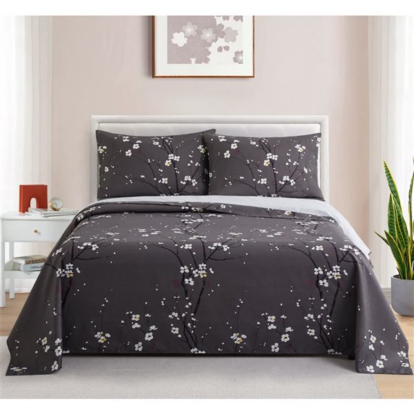 Marina Decoration King Size Plum Blossom Floral Grey Cotton Blend Printed Sheet