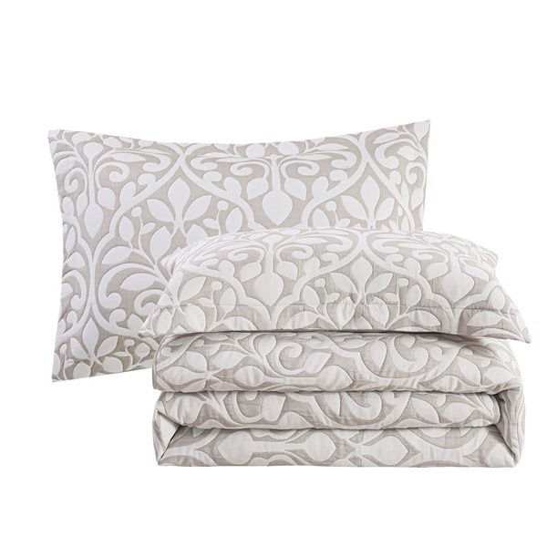 Marina Decoration Twin/Single Size Grey Leaves Jacquard Embroidered Coverlet Quilt Set with Sham