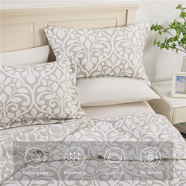 Marina Decoration Twin/Single Size Grey Leaves Jacquard Embroidered Coverlet Quilt Set with Sham