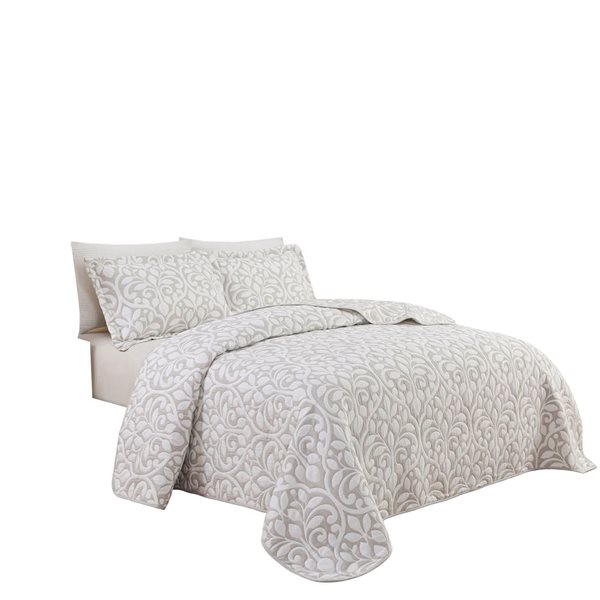 Marina Decoration Twin/Single Size Grey Leaves Jacquard Embroidered Coverlet Quilt Set with Sham