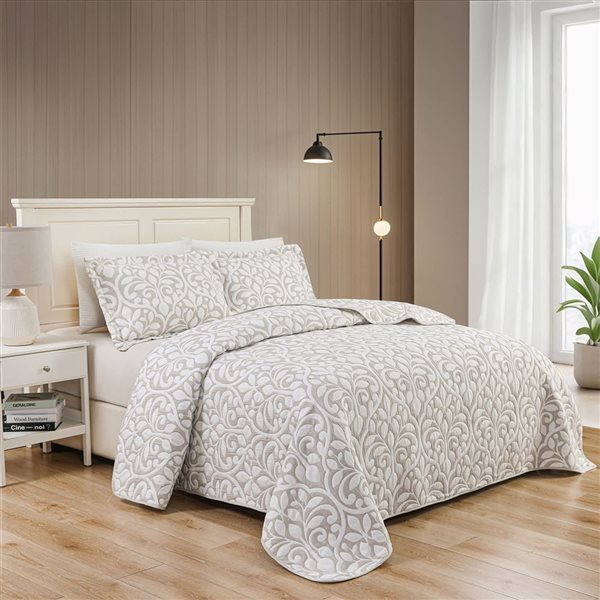 Marina Decoration Twin/Single Size Grey Leaves Jacquard Embroidered Coverlet Quilt Set with Sham