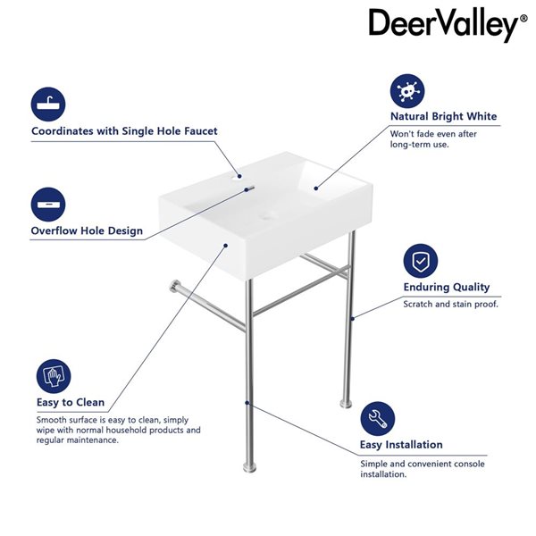 DeerValley 23.82-in Wall-Mount Rectangular Traditional Ceramic Console Bathroom Sink with Base - Silver