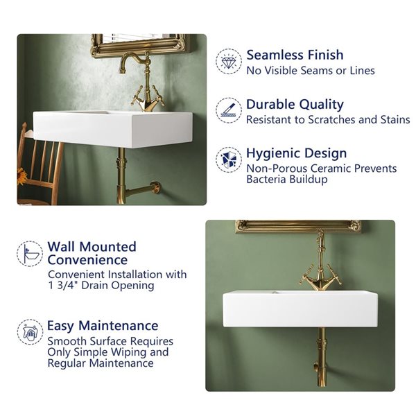 DeerValley Dynasty 16.93-in Wall-Mount Rectangular Modern Ceramic Bathroom Sink - White