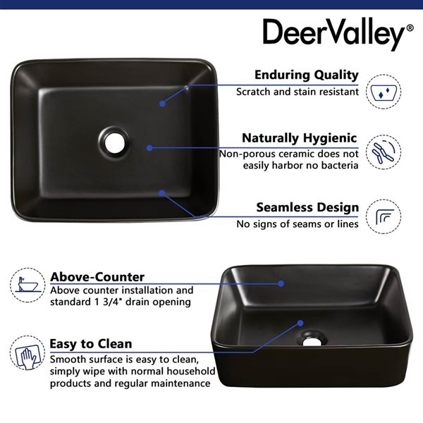 DeerValley Ally 14.76-in Vessel Rectangular Modern Ceramic Bathroom Sink - Black