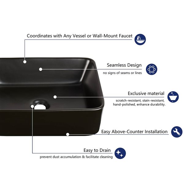 DeerValley Ally 14.76-in Vessel Rectangular Modern Ceramic Bathroom Sink - Black