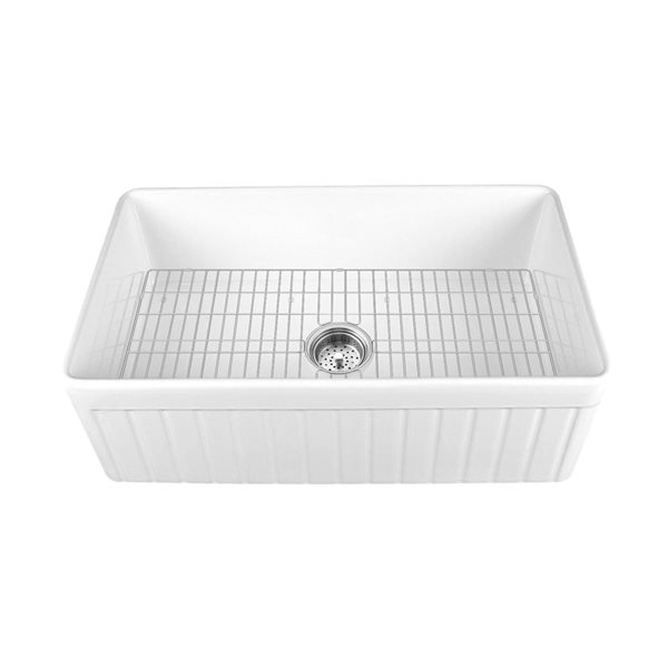 Solstice 33-In X 18-In Fireclay Farmhouse Kitchen Sink With Grid And Basket Strainer - White, Stainless Steel/Fireclay