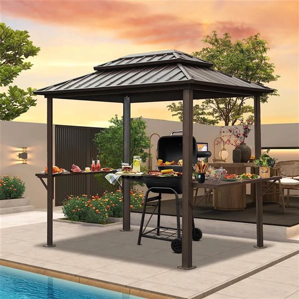 Mondawe 6 x 8-ft Metal BBQ Gazebo w/ Side Shelves - Brown