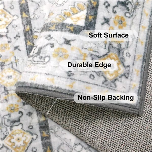 Marina Decoration 26 x 60-in Grey Yellow Floral Vintage Non-Slip Rubber Backing Accent Rug - Multicolour