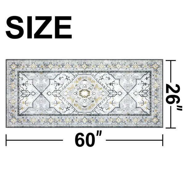 Marina Decoration 26 x 60-in Grey Yellow Floral Vintage Non-Slip Rubber Backing Accent Rug - Multicolour