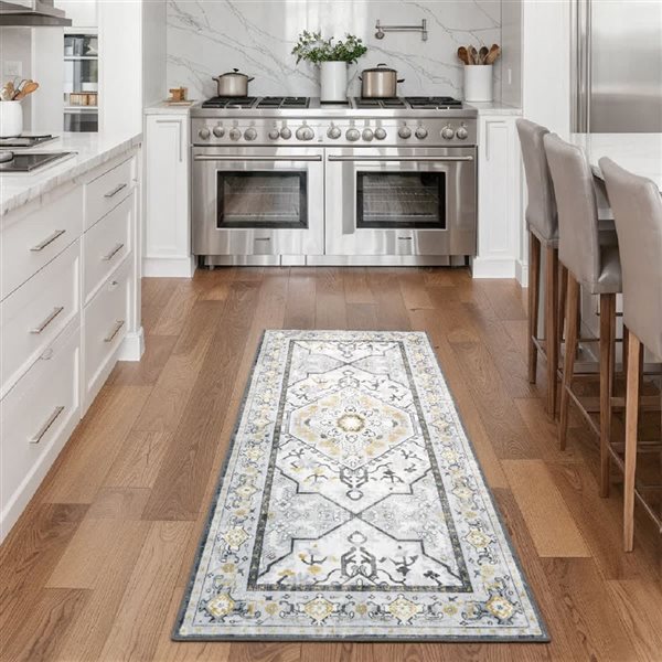 Marina Decoration 26 x 60-in Grey Yellow Floral Vintage Non-Slip Rubber Backing Accent Rug - Multicolour