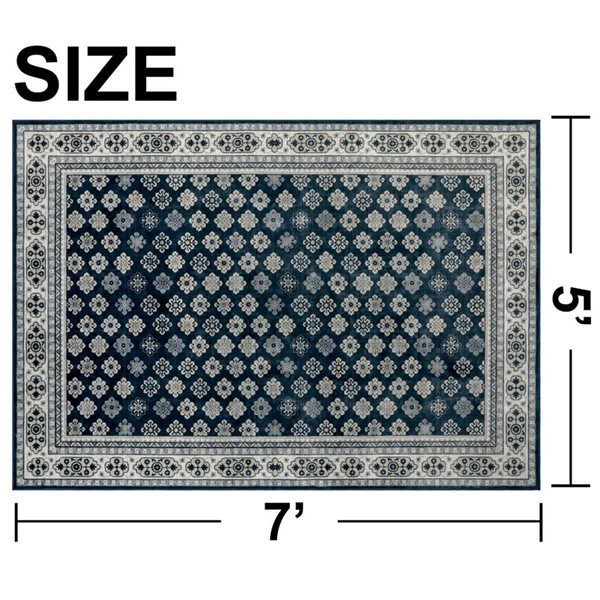 Marina Decoration 5 x 7-ft Rectangular Floral Non-Slip Rubber Backing Area Rug - Silver
