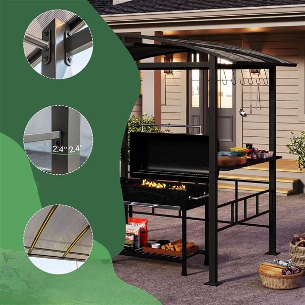 Costway 8 x 5-ft Hardtop Grill Gazebo with  Vented Polycarbonate Roof, Side Shelves and Hooks