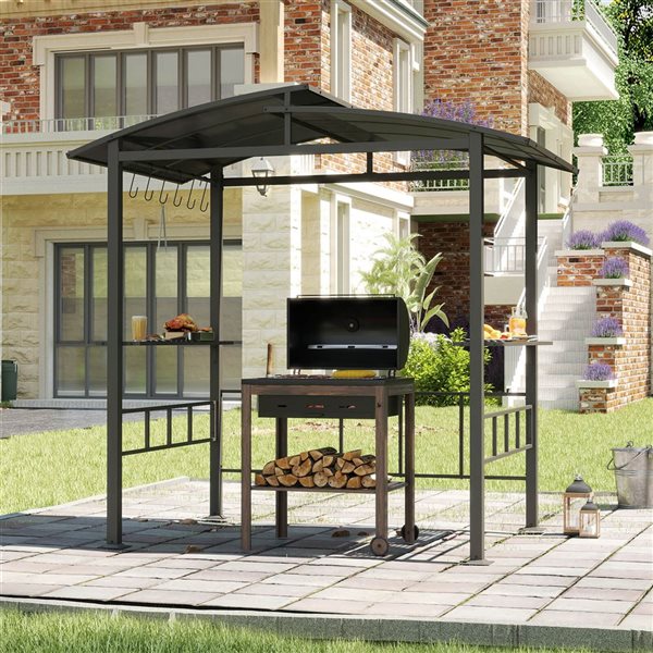 Costway 8 x 5-ft Hardtop Grill Gazebo with  Vented Polycarbonate Roof, Side Shelves and Hooks